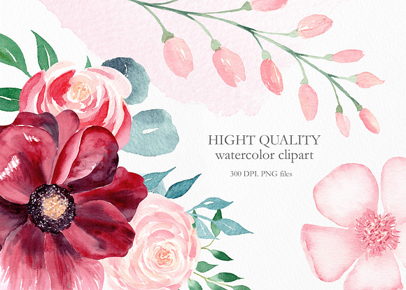 Watercolor Burgundy Floral Set in Illustrations - product preview 14