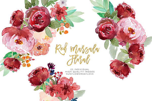 Red floral watercolor clipart