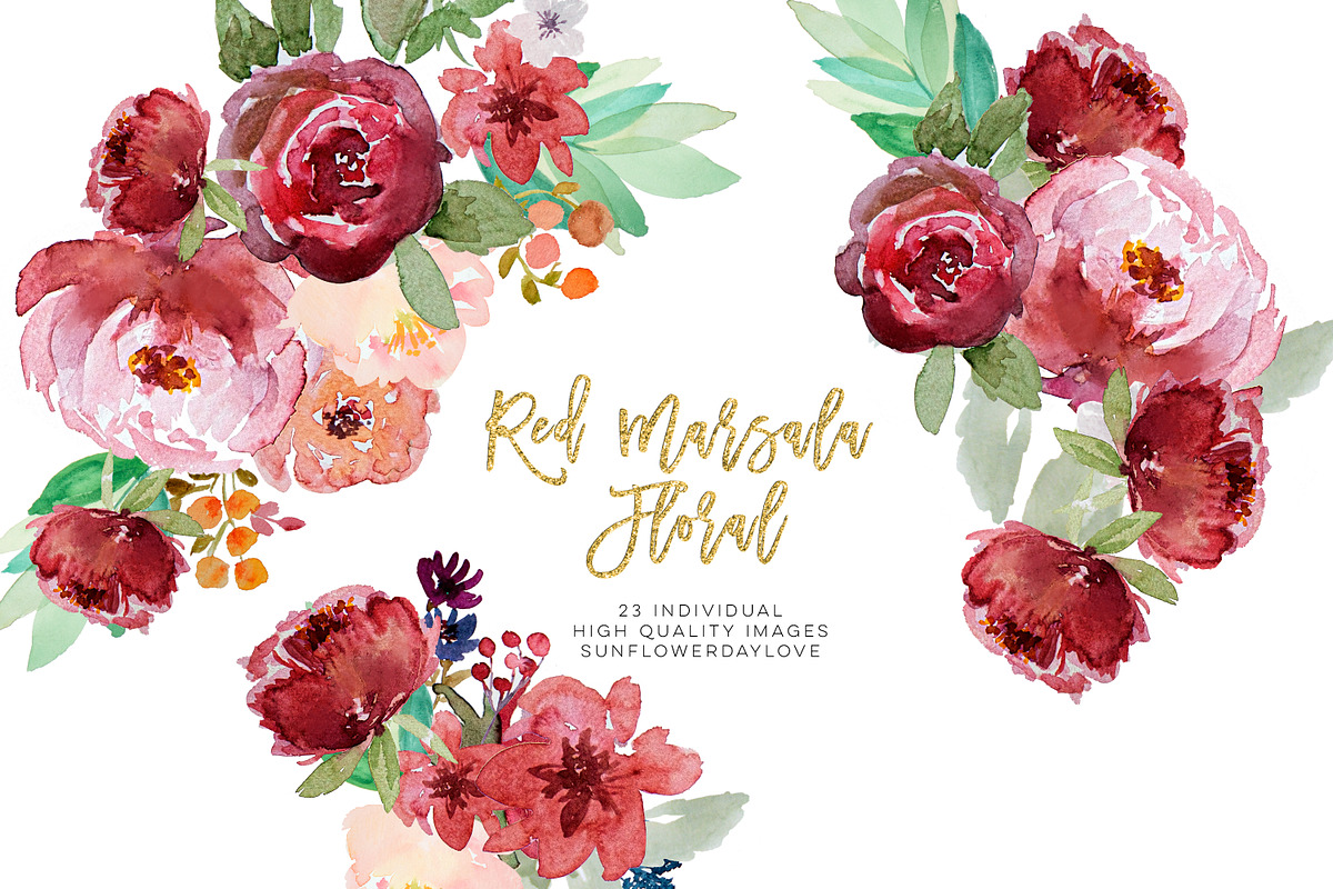 Red floral watercolor clipart in Illustrations - product preview 8