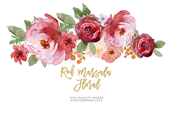 Red floral watercolor clipart in Illustrations - product preview 1