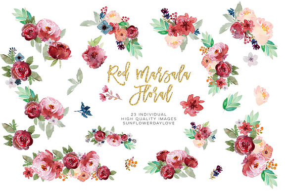 Red floral watercolor clipart in Illustrations - product preview 2