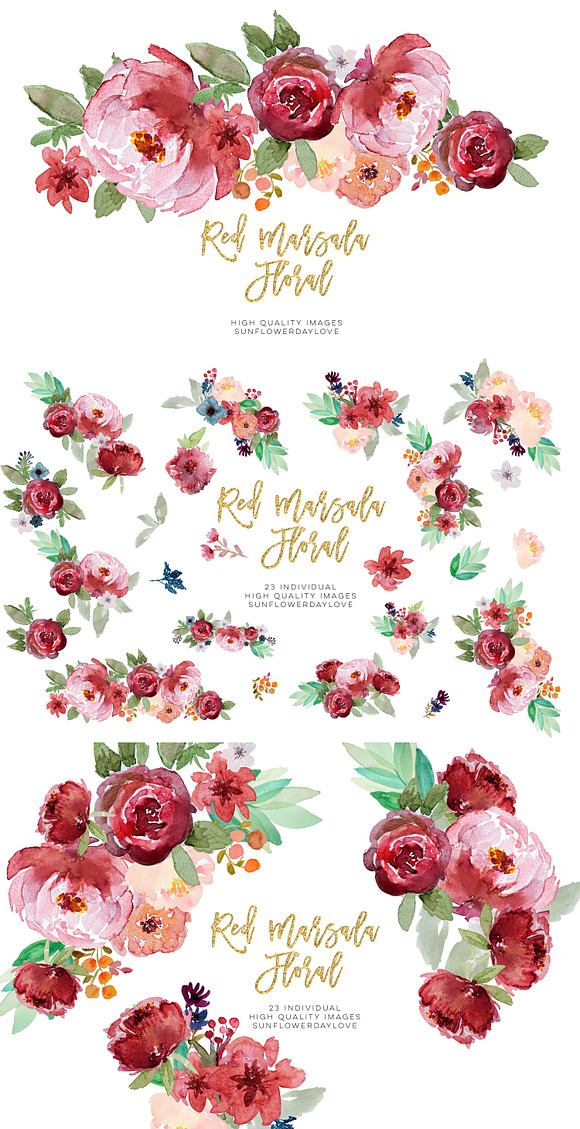 Red floral watercolor clipart in Illustrations - product preview 3