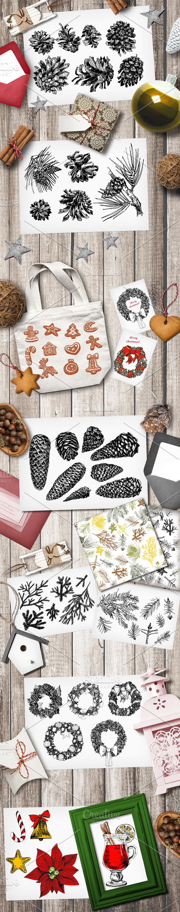 Christmas set. Engraving style in Illustrations - product preview 1