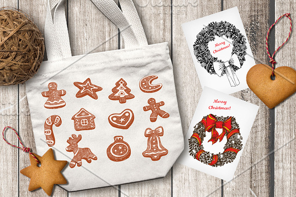 Christmas set. Engraving style in Illustrations - product preview 7
