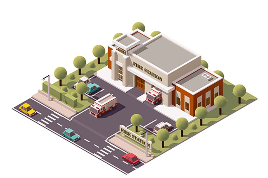 Vector isometric fire station in Objects - product preview 8