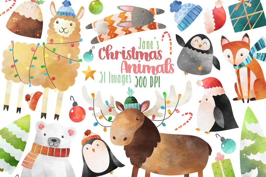 Watercolor Christmas Animals Clipart