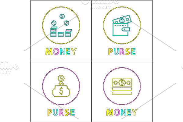 Money and Purse Icons Set Vector