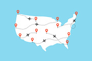 USA map with airplane flight paths