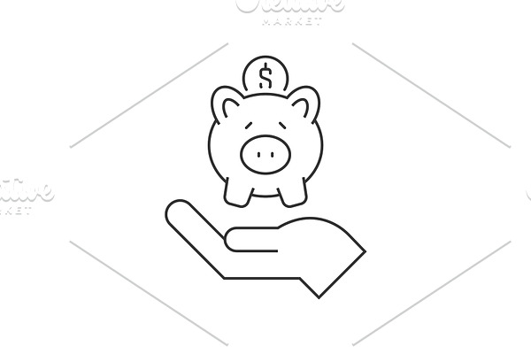 Hand holding piggy bank line icon
