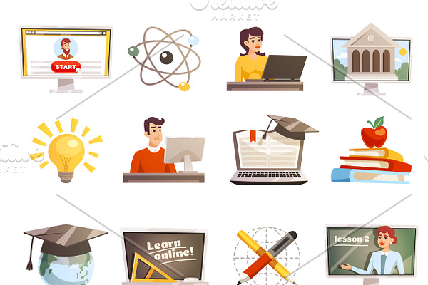 Online learning flat icons set
