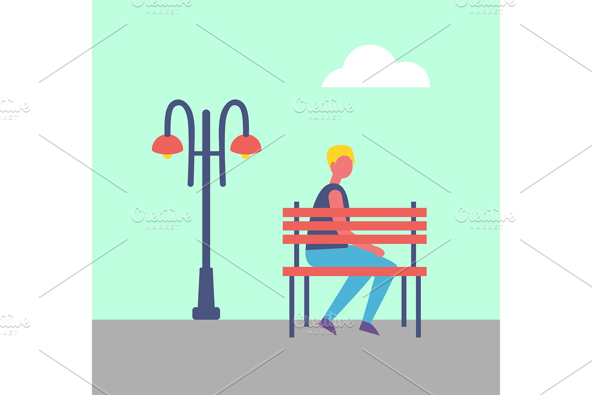 Boy Sitting Alone on Bench Park Near in Illustrations - product preview 8