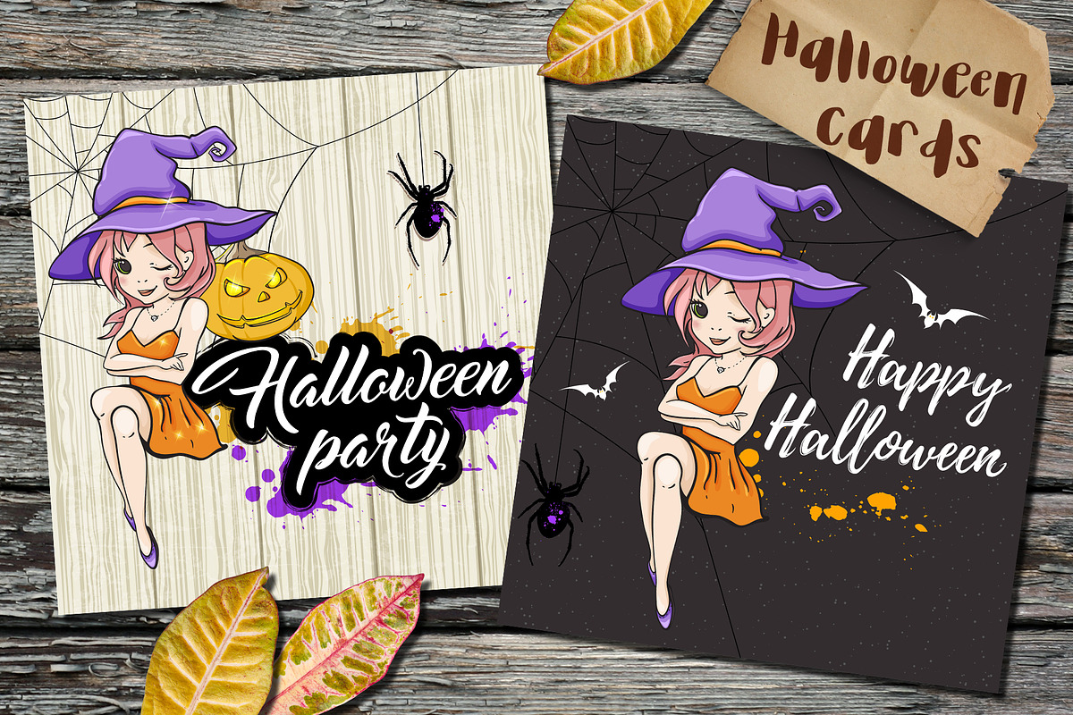 Halloween Cards with Little Witch in Illustrations - product preview 8