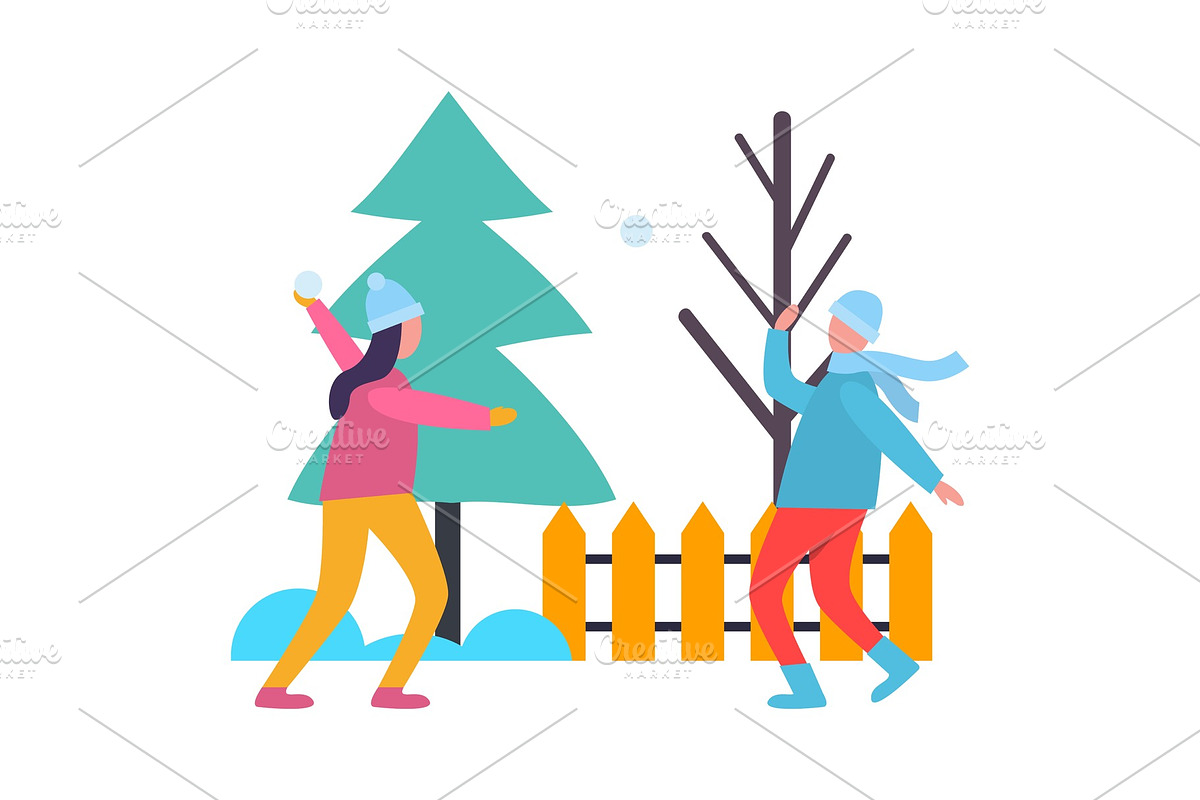 Children Kids Playing Snowballs at in Illustrations - product preview 8