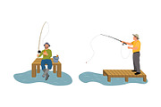 Fishing Men on Wooden Pier Vector