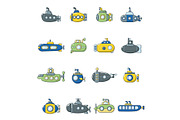 Submarine icons set, cartoon style