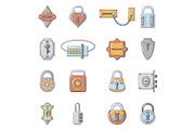 Lock door types icons set