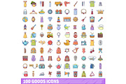 100 goods icons set, cartoon style