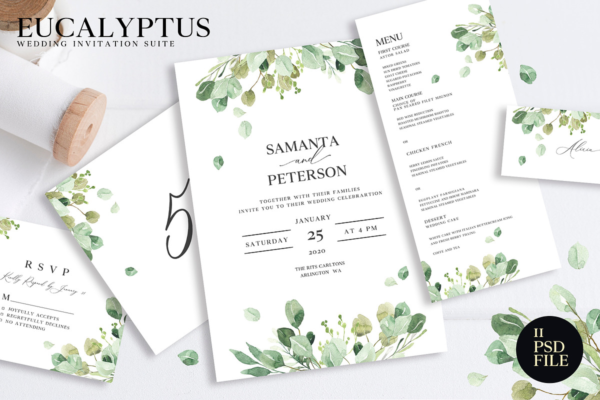Wedding Eucalyptus Watercolor Suite in Card Templates