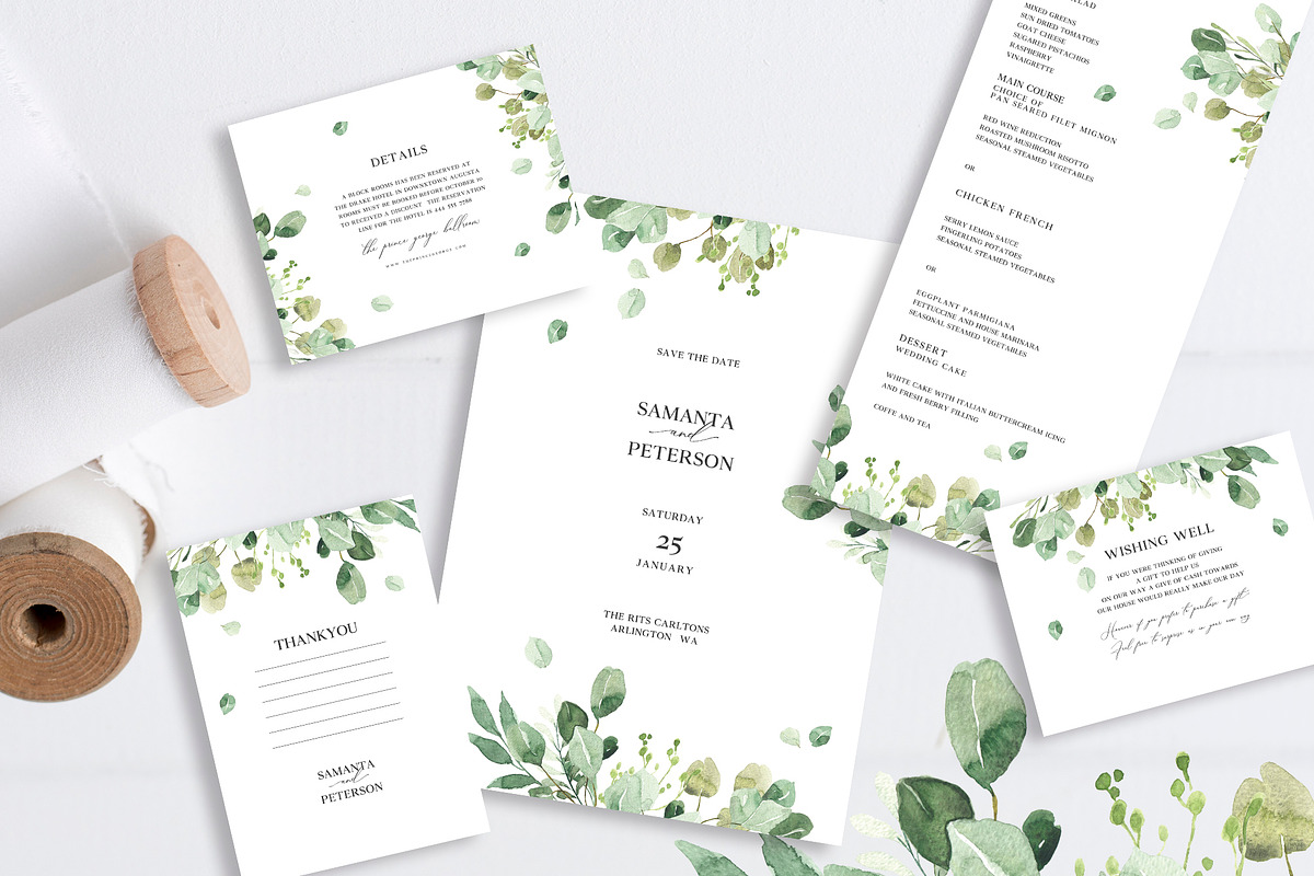 Wedding Eucalyptus Watercolor Suite in Card Templates - product preview 1