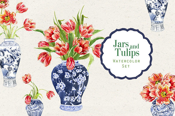 Jars and Tulips. Watercolor Set