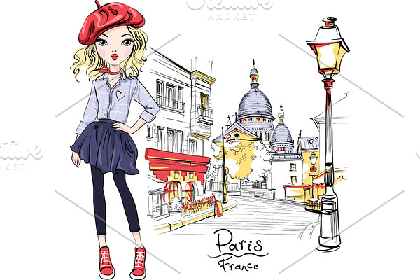 Vector fashion girl in Paris