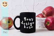Black coffee mug mockup with apples
