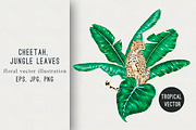 Cheetah, jungle leaves illustration