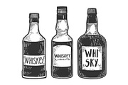 Whiskey bottles sketch engraving