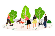 People with dogs in park flat vector