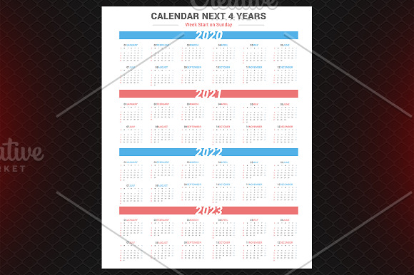 Calendar for next 4 years 2020-2023 in Stationery Templates - product preview 3