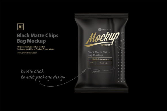 Black Matte Chips Bag Mockup in Product Mockups - product preview 1