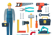 Woodworker with tools icons set