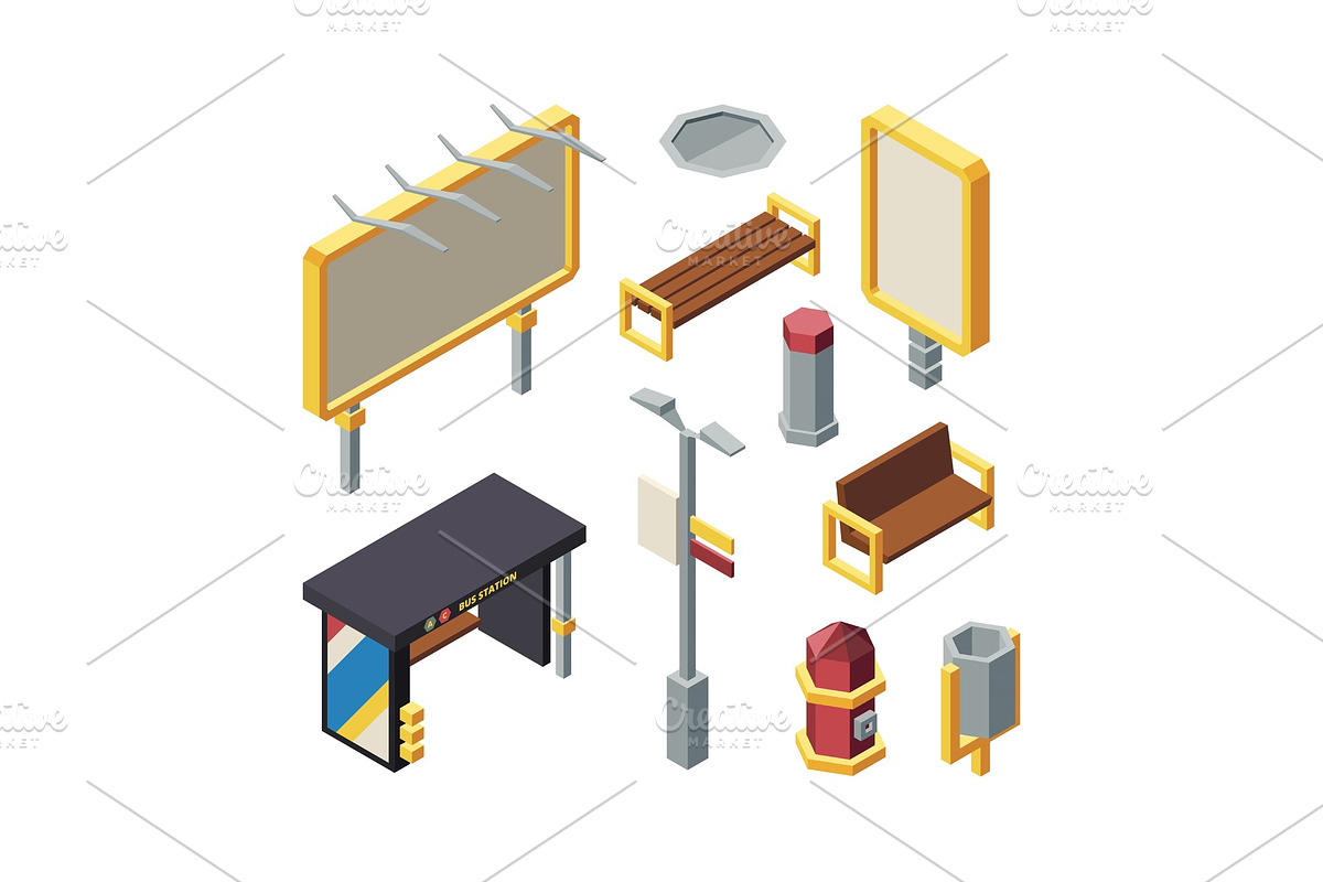 Bus station elements isometric in Illustrations - product preview 8