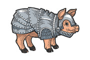 Pig in knight armor sketch engraving