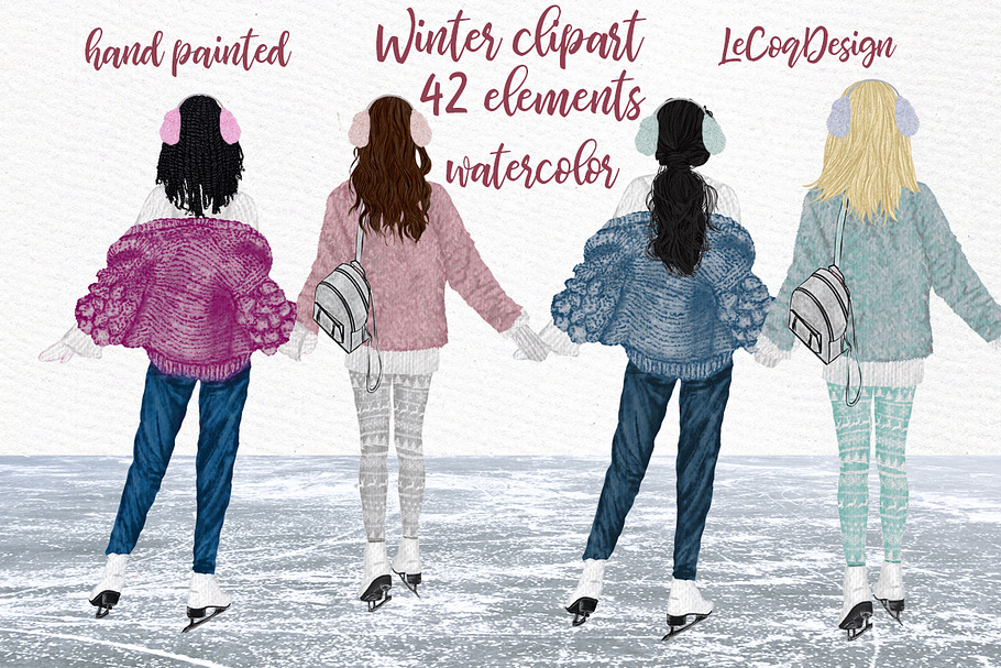 Winter Girls Ice Skating Clipart in Illustrations - product preview 8