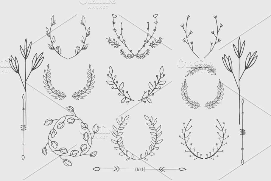 90 hand drawn floral elements set in Illustrations - product preview 8