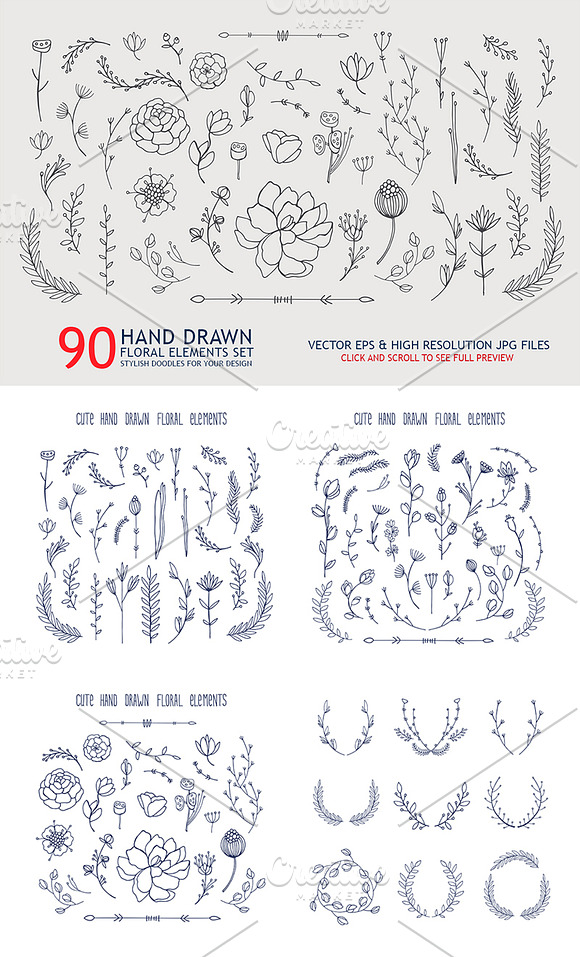 90 hand drawn floral elements set in Illustrations - product preview 1