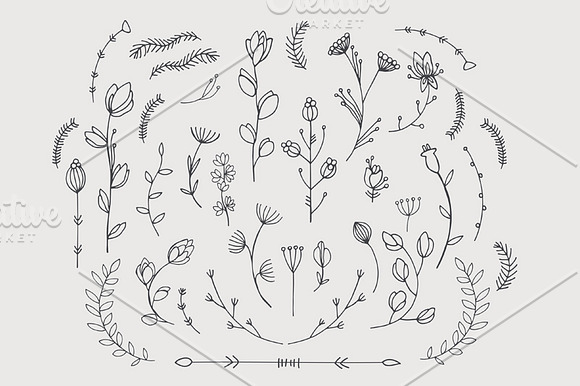 90 hand drawn floral elements set in Illustrations - product preview 2