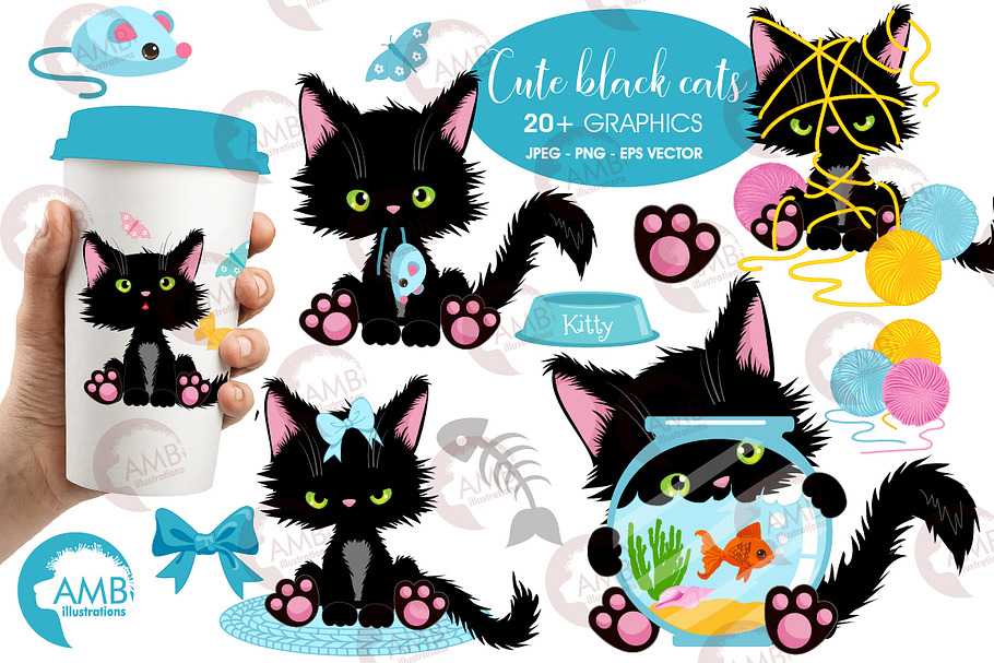 Cute Black Cat Clipart AMB-2649