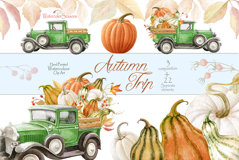 Green Truck with Pumpkins clipart in Illustrations - product preview 8
