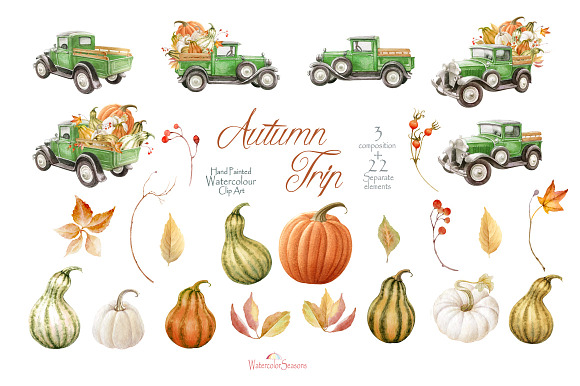 Green Truck with Pumpkins clipart in Illustrations - product preview 1