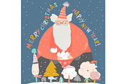 Funny Santa Claus with winter trees