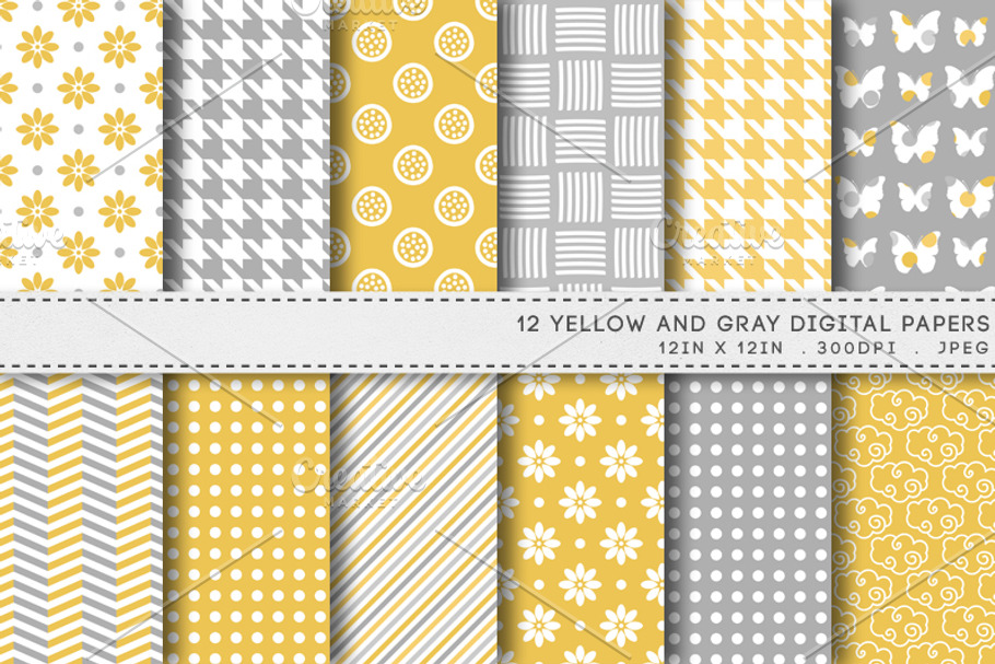 12 Yellow Gray Digital Papers in Patterns - product preview 8