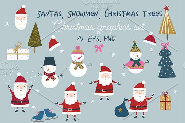 Santas, Snowmen, Christmas trees