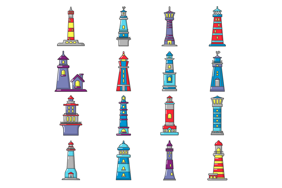 Lighthouse icons set, cartoon style in Illustrations - product preview 8