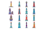 Lighthouse icons set, cartoon style