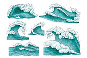 Set of hand drawn ocean water waves