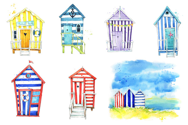 Set of watercolor beach huts