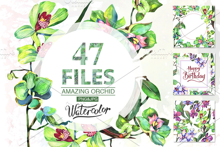 Orchid green flowers PNG watercolor in Illustrations - product preview 8