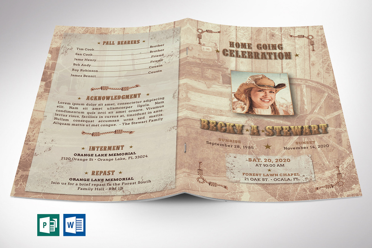 Cow Girl Funeral Program Word in Brochure Templates - product preview 8